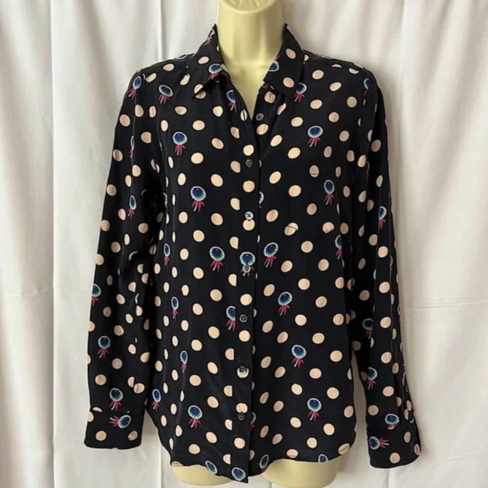 Equipment Femme 💯 Silk Polka Dot Button Front Blouse Shirt Top Collared Small